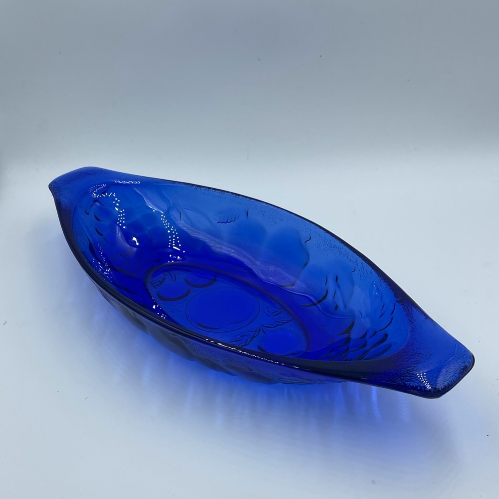 Vintage Cobalt Blue Glass Compote/ Relish Dish 3D Moulded Fruit Design